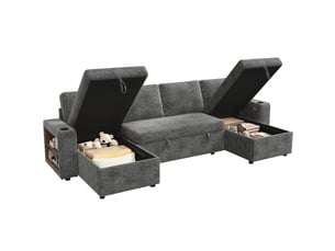 Canapé droit convertible MODENVIE 4 places Tissu gris avec coffre de rangement
