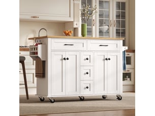 Desserte de cuisine 140x65x89 cm blanc et naturel en mdf, plateau rabattable, 5 tiroirs et 2 placards