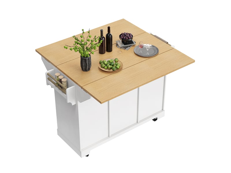 Îlot de cuisine 142,5x40(80)x95 cm avec 3 tiroirs et plateau pliable, bois et blanc - Conforama R