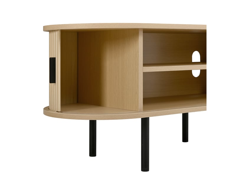 Meuble tv ovale 170x 40x46 cm avec 2 portes coulissantes, 2 compartiments ouverts, pieds en métal, mdf, natural evarich - Conforama E