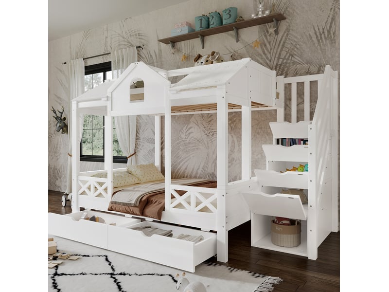 Lit superposé enfant 90x200+140x200 cm, lit avec rangement et 2 tiroirs, couchage familial, bois, blanc, sans matelas  - Conforama B
