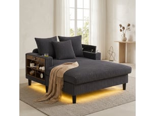 Chaise longue fixe 1 place en velours côtelé gris foncé avec led, usb, rangement et porte-gobelets latéraux