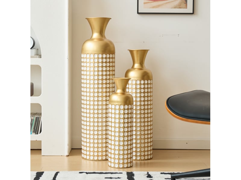  Set de 3 vases de sol 836650 cm motif à pois blancs métal bronze antique et blanc  - Conforama B
