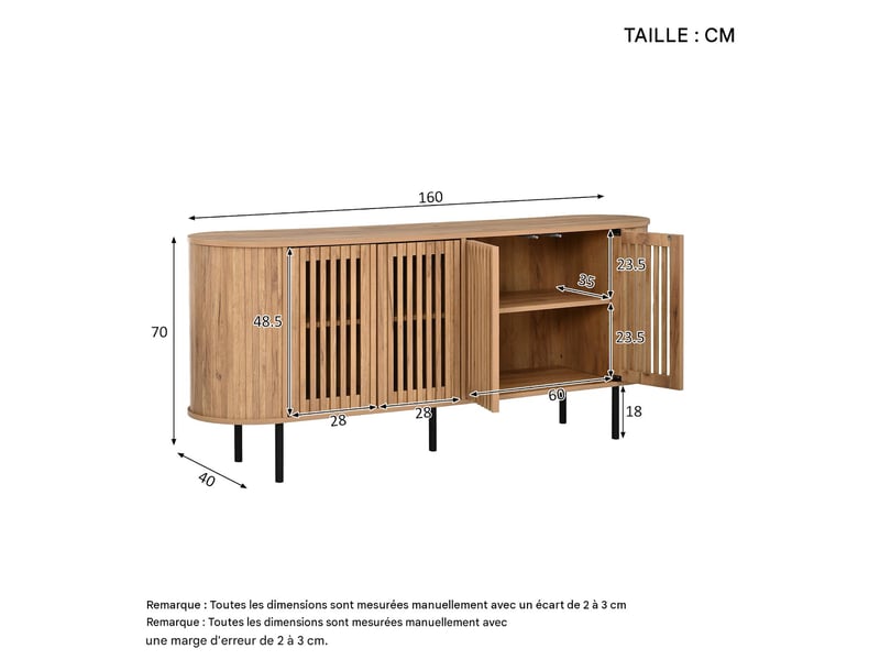 Buffet enfilade 4 portes coulissantes mdf et métal coloris naturel 160x40x70 cm  - Conforama C
