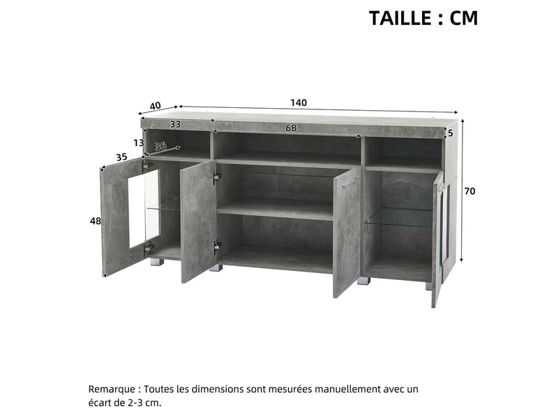 Buffet de salon industriel gris ciment avec led 140x40x70cm  - Conforama C