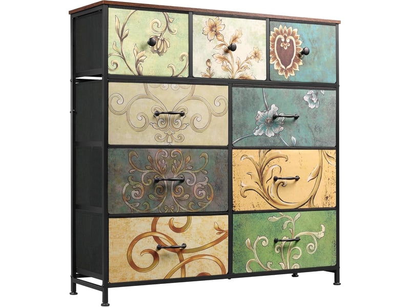  Meuble de rangement 9 tiroirs à motifs rétro - 100x30x100 cm - cadre en acier robuste - commode, buffet pour salon et chambre  - Conforama A