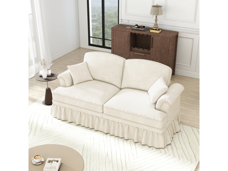 Canapé 2 places en chenille blanche, style médiéval moderne, avec accoudoirs évasés et jupe amovible  - Conforama D