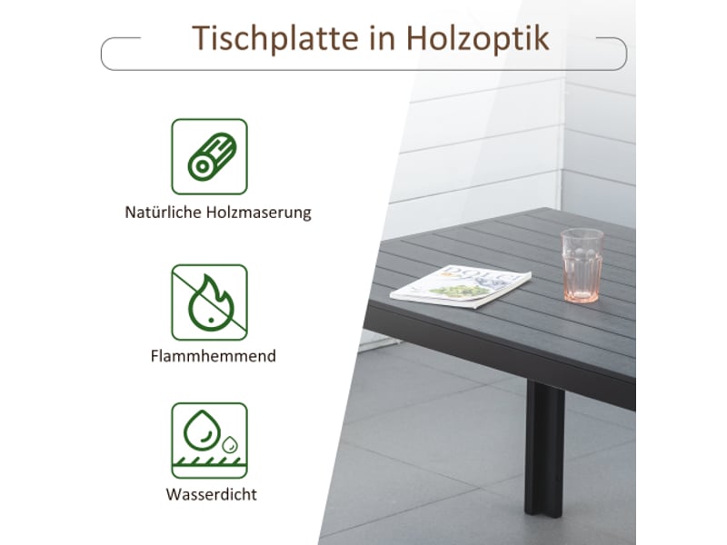  Table de jardin en plastique noir, effet bois, 190x84,5x72 cm, résistante aux intempéries, terrasse et balcon  - Conforama E