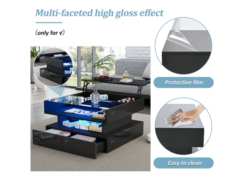  Table basse carrée relevable 80x45 cm, rangement, table d'appoint, led et 2 tiroirs, hauteur réglable, aggloméré, noir  - Conforama D