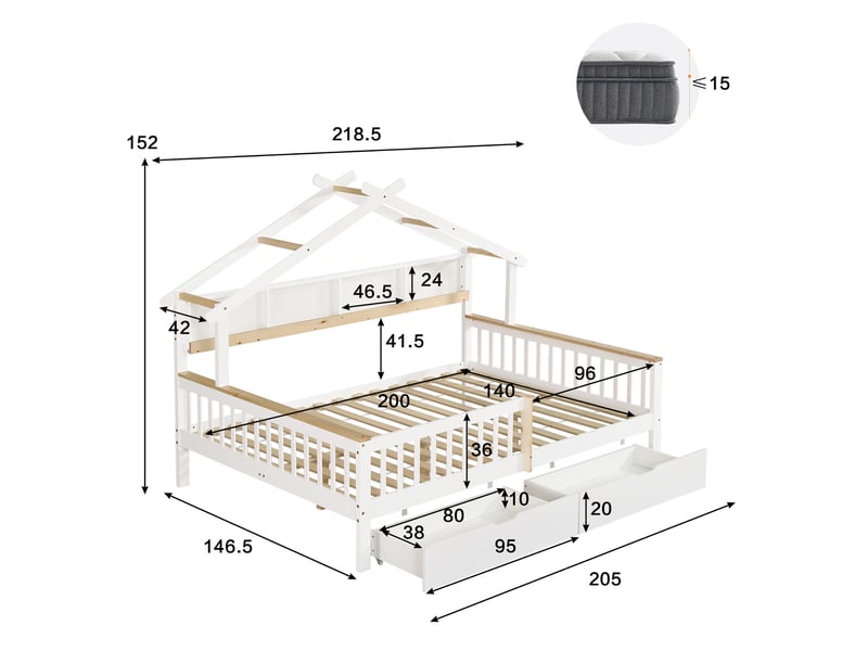  Lit cabane 140x200 cm, lit enfant avec barrière de sécurité et 2 tiroirs, structure en bois de pin massif avec toit et étagère de rangement, blanc  - Conforama E