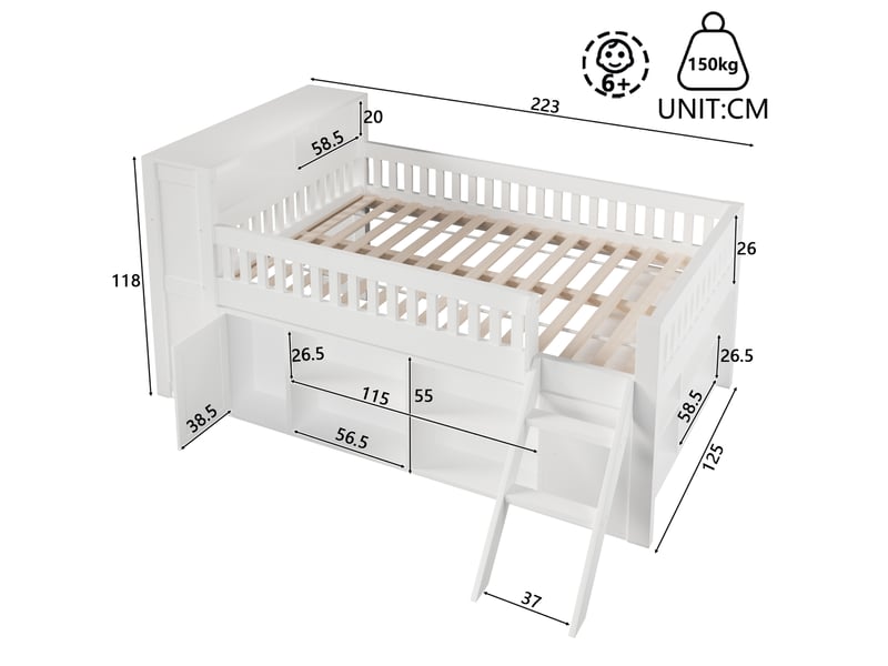  Lit surélevé 120x200 cm avec rangements et éclairage led, blanc  - Conforama E