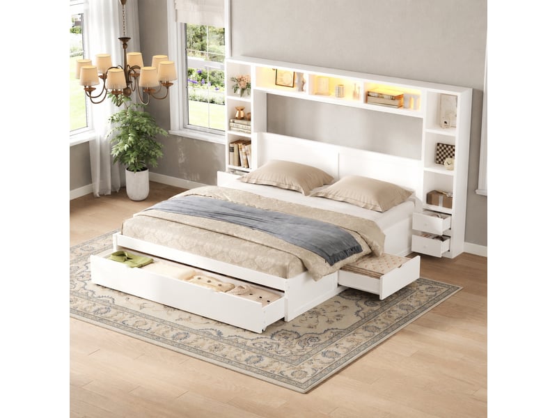Cadre de lit 140x200 cm avec tête et pied de lit, 7 tiroirs et led 7 couleurs, blanc - Conforama C