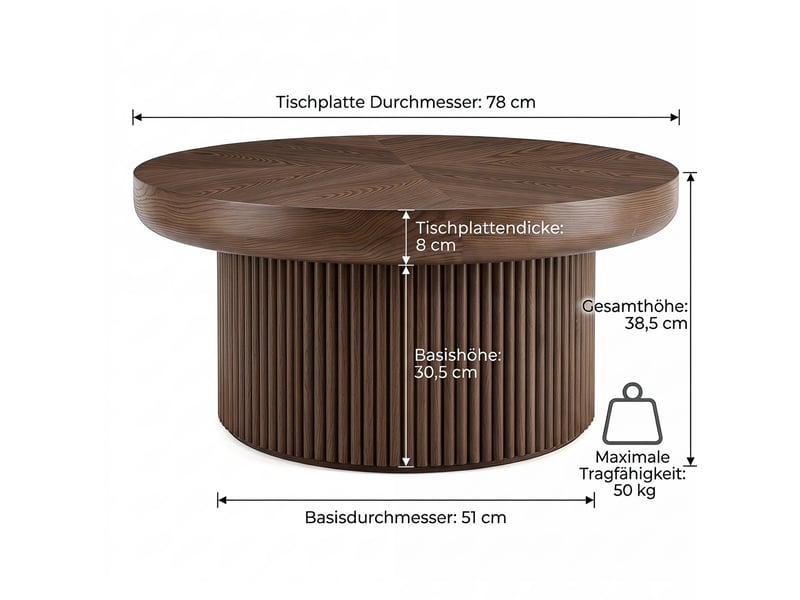  Table basse ronde ulevr à plateau épais 8 cm, ø 78 cm, base cylindrique cannelée, bois et mdf, noyer  - Conforama C