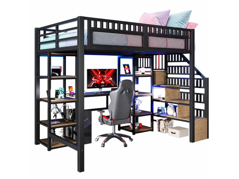  Lit mezzanine 200×140 cm avec bureau, rangements, éclairage led et ports usb, sans matelas, en métal noir  - Conforama A