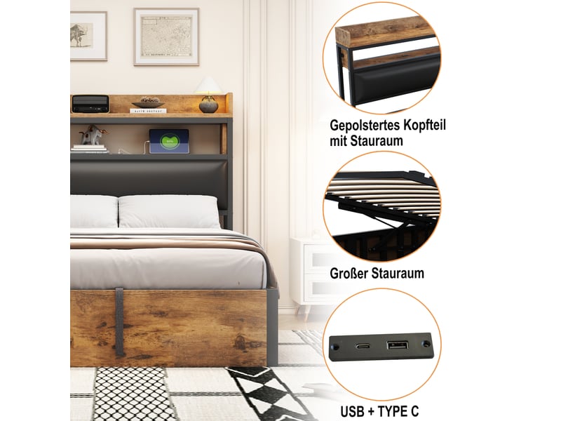  Lit coffre enfant 90x200 cm, rangement et étagère, port usb, motif de bois, sommier, tissu noir, sans matelas  - Conforama R