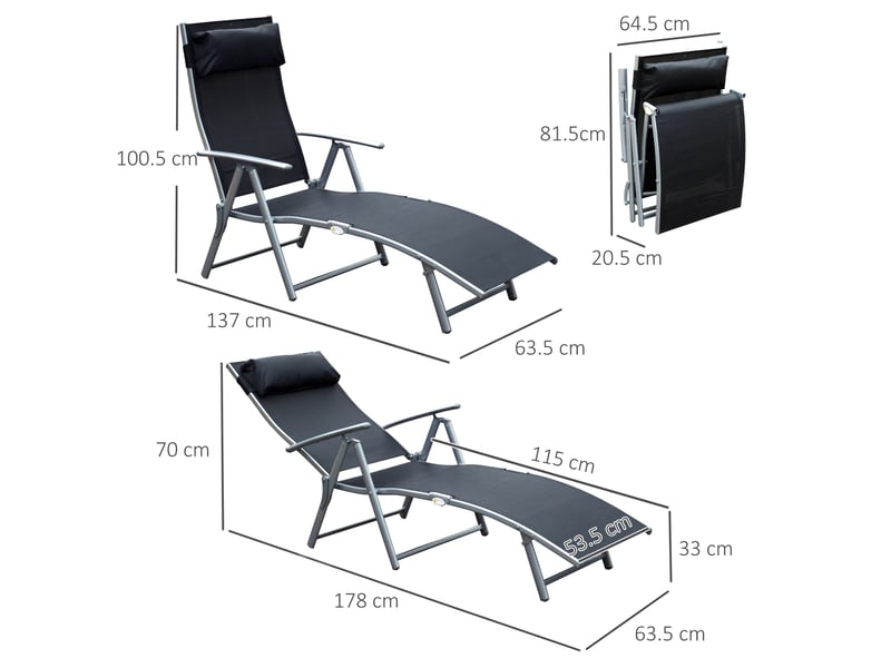  Bain de soleil pliable,137x63,5x100,5 cm,dossier réglable 5 positions,métal,noir  - Conforama C