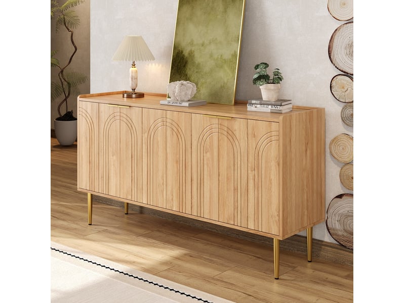  Buffet de rangement 140x38x75 cm, avec portes, pieds métal doré, mdf finition bois naturel, salon, élégant, rangement  - Conforama B