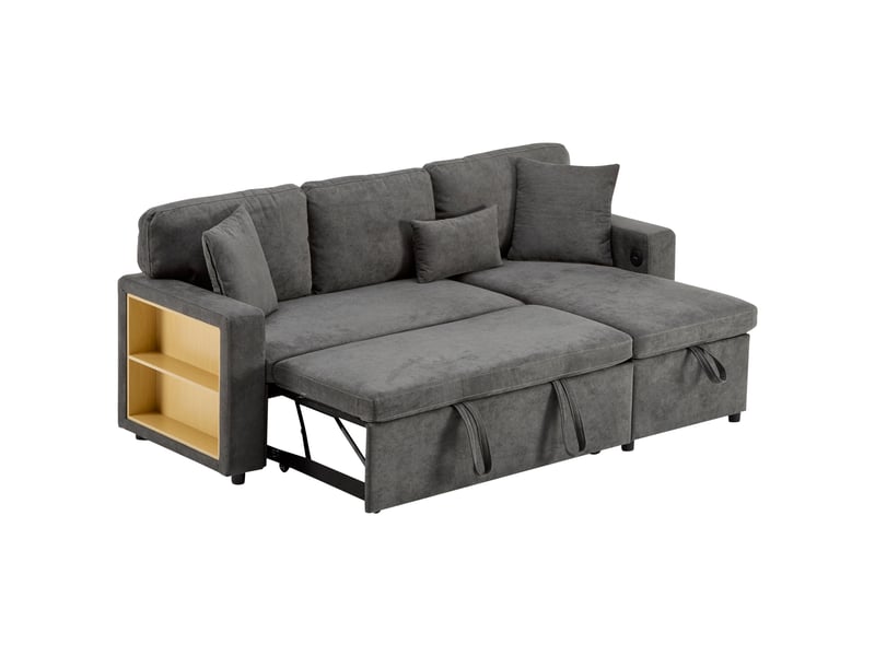  Canapé d'angle convertible réversible gris foncé avec coffre de rangement, lit en l tissu oxford, port usb et étagère intégrée, 214x131 cm  - Conforama A