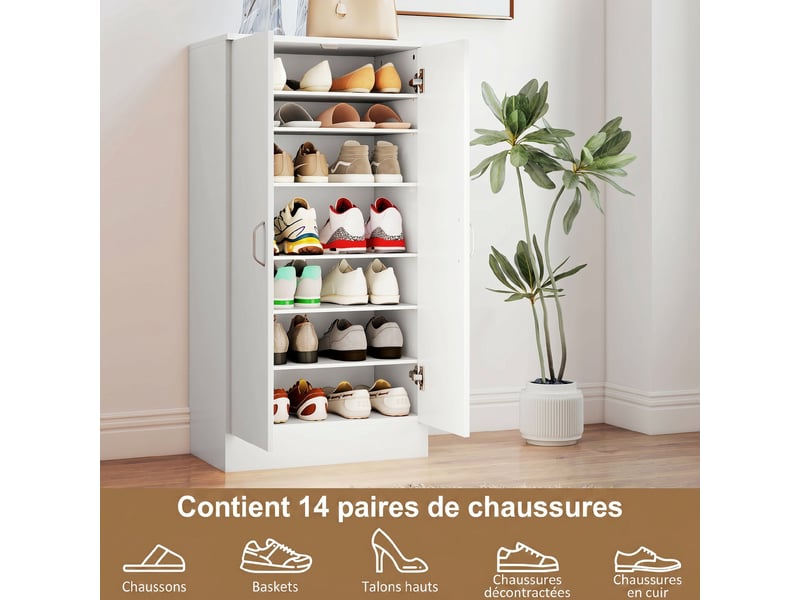 Meuble à chaussures 14 paires armoire à chaussures 7 niveaux avec 6 étagères réglables 2 portes à fermeture douce blanc - Conforama E