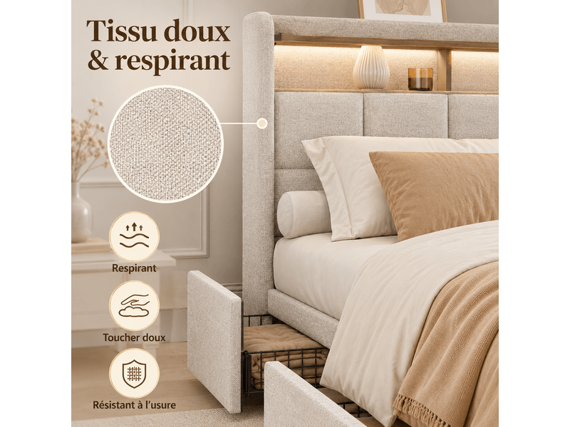  Lit 160 x 200 cm avec sommier - 4 tiroirs - cadre de lit rembourré avec led intégrée et usb type‑c - lit coffre double avec rangement et tete de lit capitonné - 2 personnes - 2 places- en lin - beige - chambre adulteado - sans m…  - Conforama D