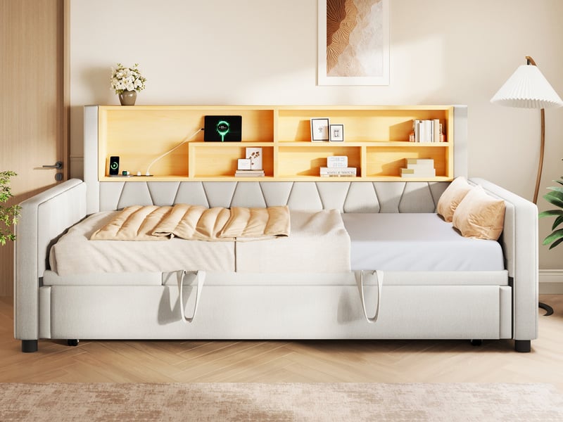 Lit de jour, 90 × 200 cm, lit extensible multifonctionnel avec bande lumineuse led et prise électrique, revêtement en lin, beige - Conforama B