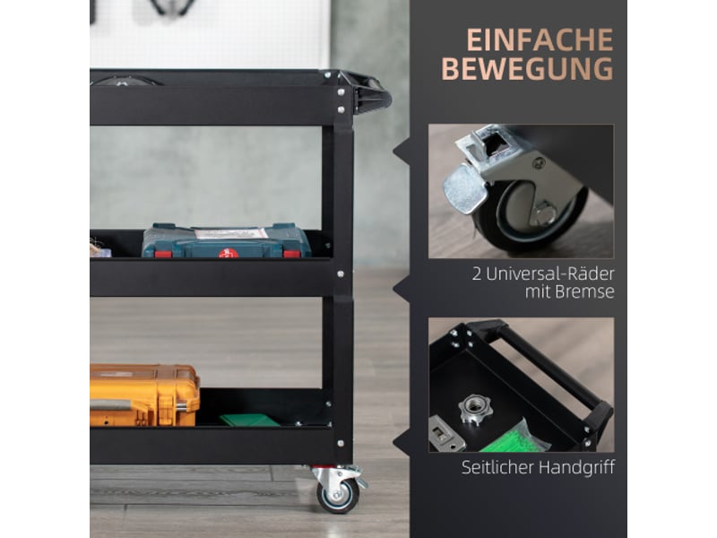 Servante d’atelier mobile en acier 83 × 35,3 × 76 cm, 3 étagères, roulettes et poignée, charge max. 150 kg - Conforama C