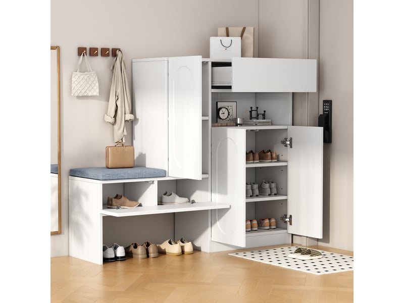  Meuble à chaussures 130x35x110 cm avec banquette rembourrée, abattant Soft-Close et étagères réglables - Blanc Fay Lum - Conforama B