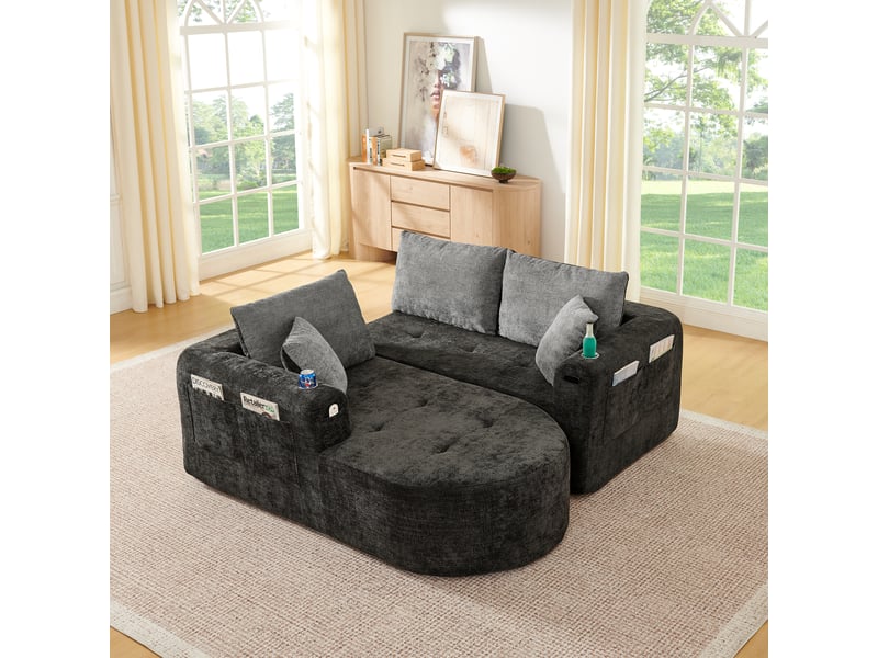  Canapé d'angle en l sans montage 255 x 170 cm noir avec porte-gobelet inox et rangements  - Conforama D