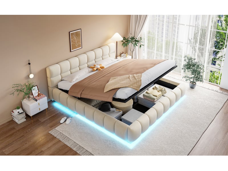 Lit coffre rembourré 180x200 cm, led multicolore par app, coffre hydraulique, tête de lit épaisse, sommier à lattes, velours - beige - Conforama D