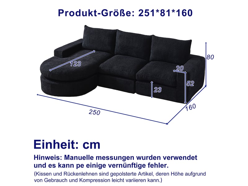 Canapé d'angle tcqpz modulable 3 places avec méridienne réversible 250 x 160 x 80 cm chenille noir  - Conforama C
