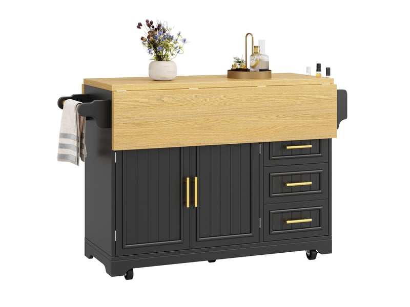  Desserte 2 portes 3 tiroirs - îlot de cuisine mobile avec plateau rabattable 143x40x95 cm en mdf noir  - Conforama R