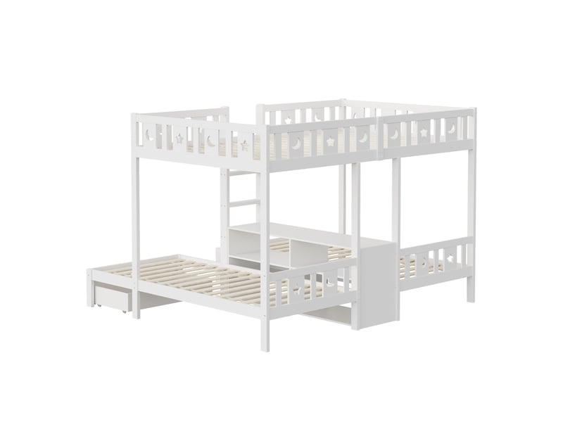 Lit superposé 140 x 200 cm avec 2 tiroirs et échelle intégrée, garde-corps à motifs étoiles et lunes, rangements sous le lit, bois, blanc Morn Vibe - Conforama E