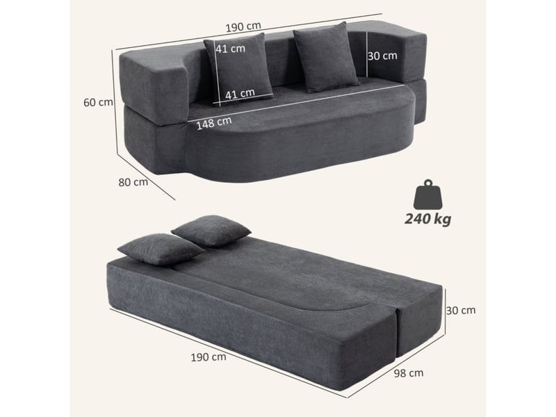  Canapé convertible 2 places sans cadre avec dossier pliable et 2 coussins en polyester gris foncé  - Conforama C