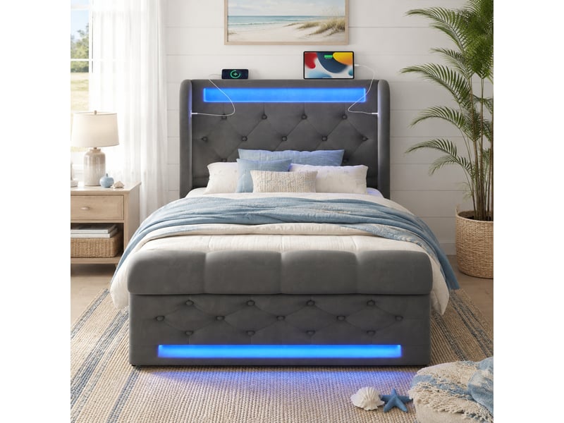  Lit coffre lit simple en velours gris avec rangement hydraulique, led, usb et type-c, 200x90 cm, matelas inclus  - Conforama B
