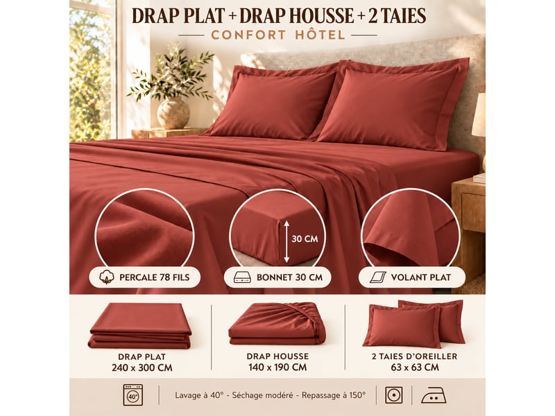  Ensemble literie 4 pièces drap plat 240 x 300 cm + drap housse 140x190 cm + 2 taies 63x63 cm percale 78 fils terracotta  - Conforama E
