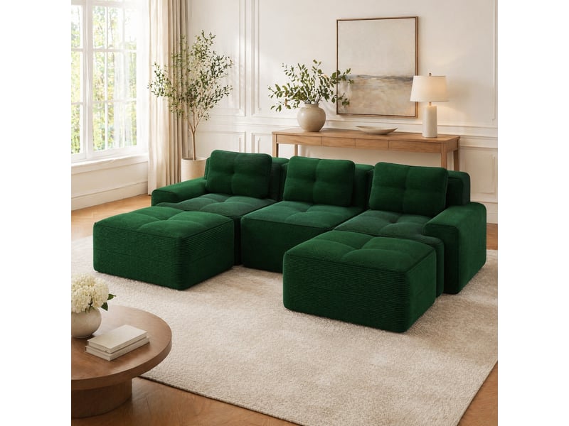  Canapé modulaire en u 3 places avec ottomans, sans montage, velours côtelé vert, 293 × 177 × 69 cm  - Conforama C