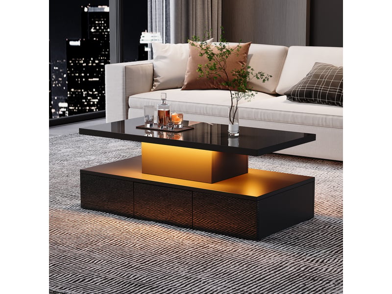  Table basse led 16 couleurs, table de salon noire avec tiroir et étagère, finition haute brillance, 100x50x39 cm  - Conforama R
