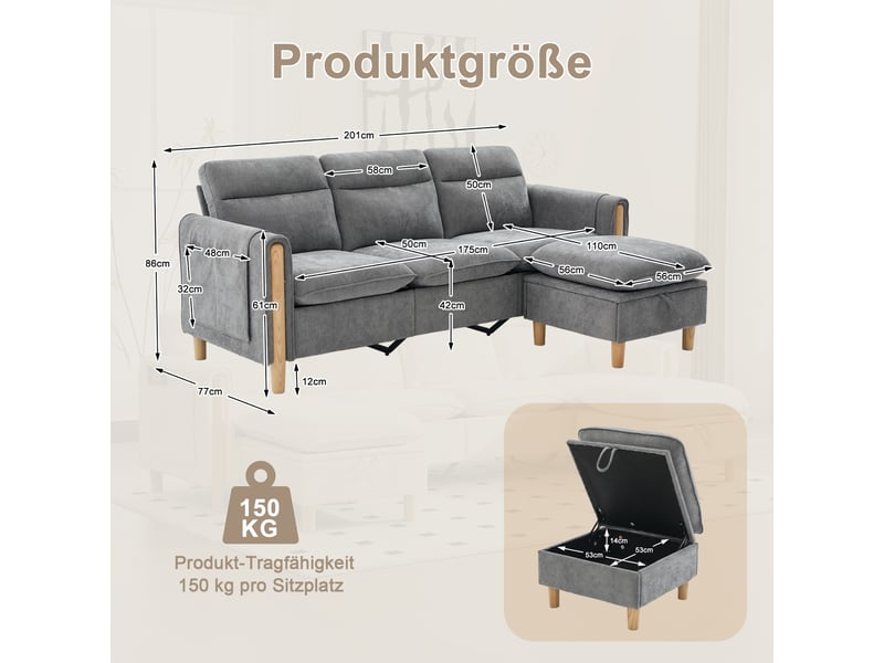 Canapé d’angle réversible 3 places avec rangement - poches latérales, pieds en bois, chenille gris clair - Conforama D
