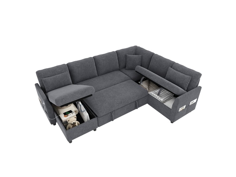  Canapé d'angle convertible 6 places en lu, méridienne réversible, rangements, usbtype-c, aspect lin gris  - Conforama A