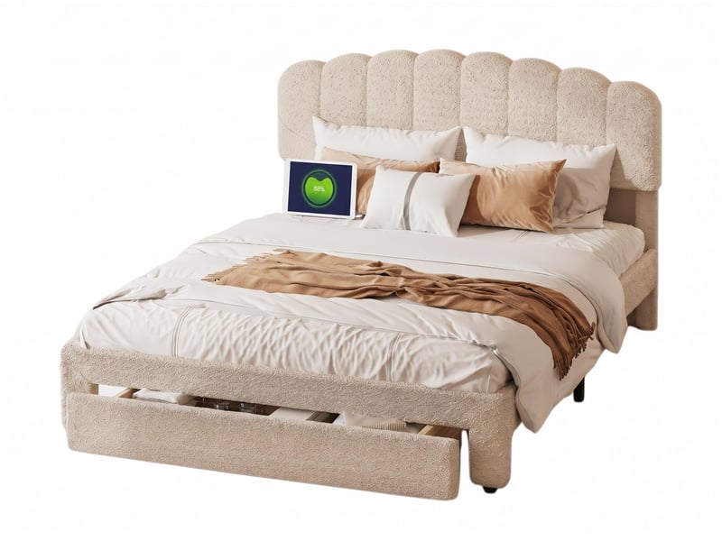  Lit 2 places 160 x 200 cm,beige - avec tiroirs, tête de lit ondulée et port usb  - Conforama A
