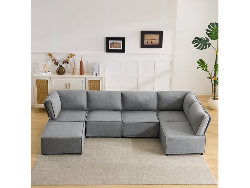  Canapé d’angle modulable 6 places en lin gris clair convertible en lit  - Conforama D