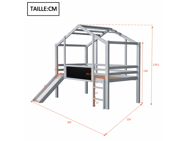  Lit mezzanine enfant gris en bois massif, lit simple avec toboggan, échelle et tableau, 200x90 cm, sans matelas  - Conforama D
