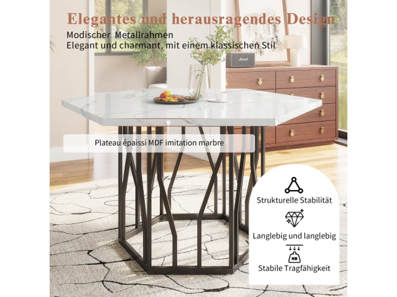 Ensemble table et chaises de salle à manger (5 pièces), table hexagonale moderne en marbre + 4 chaises de salle à manger en velours gris pour créer un restaurant chaleureux et moderne - Conforama C