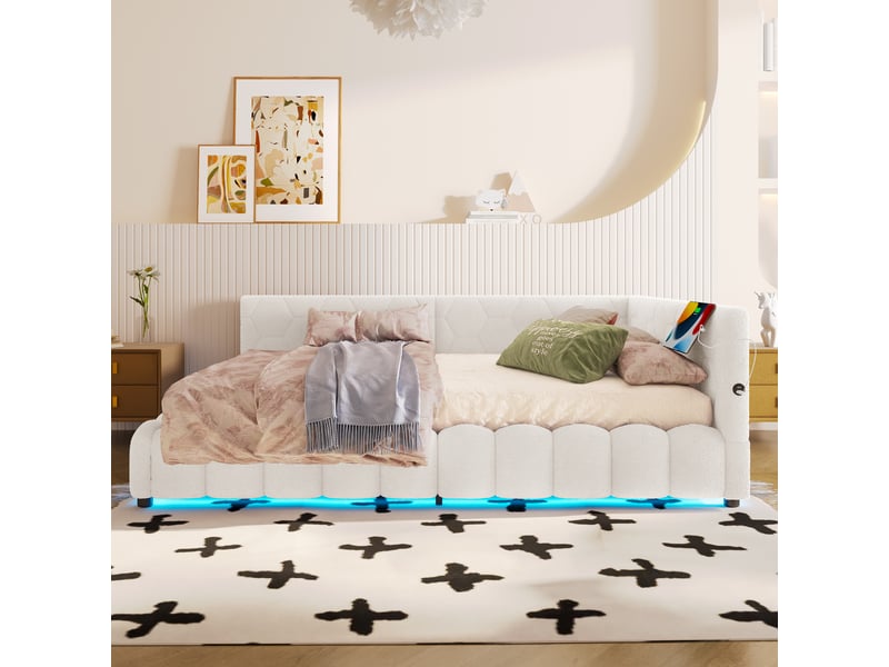  Lit banquette coffre 140x200 cm avec sommier à lattes, rangement hydraulique, bande led, ports usb et type-c, tissu effet polaire, blanc  - Conforama D