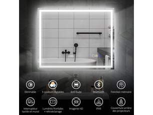 Miroir salle de bain led bluetooth interrupteur tactile lumière réglable 3 couleurs anti-buée mémoire argent 80 x 100 cm