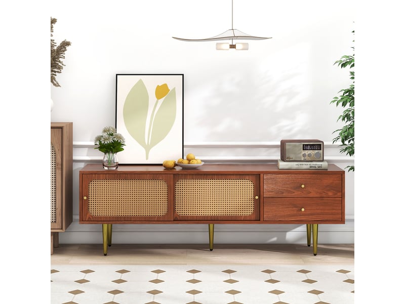  Meuble tv - noyer 160cm - portes coulissantes en rotin - gestion câbles intégrée - pieds métal 25cm  - Conforama W