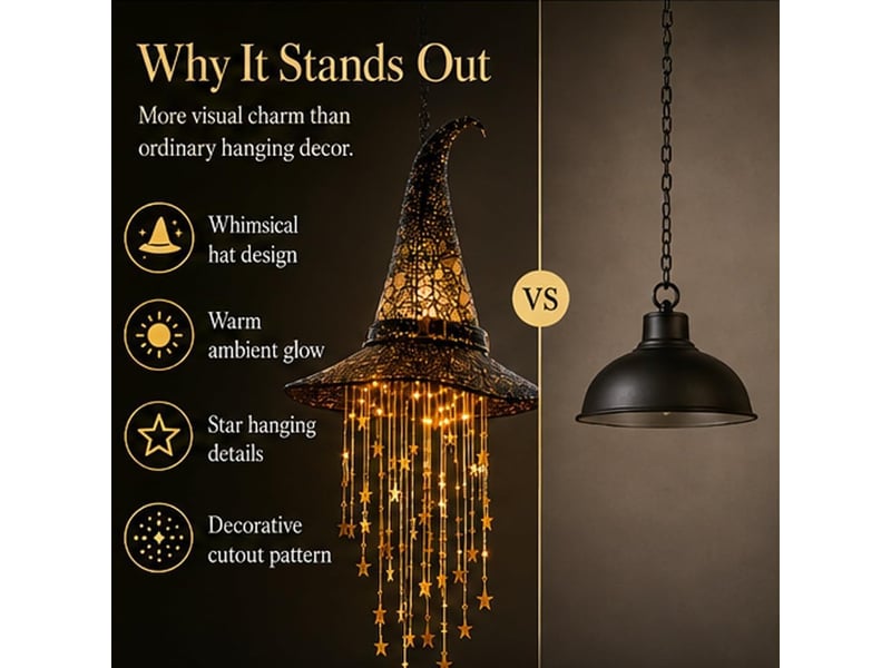  6 pièces décoration halloween suspendue, chapeau de sorcière lumineux led avec étoiles en cascade pour intérieur et extérieur  - Conforama B