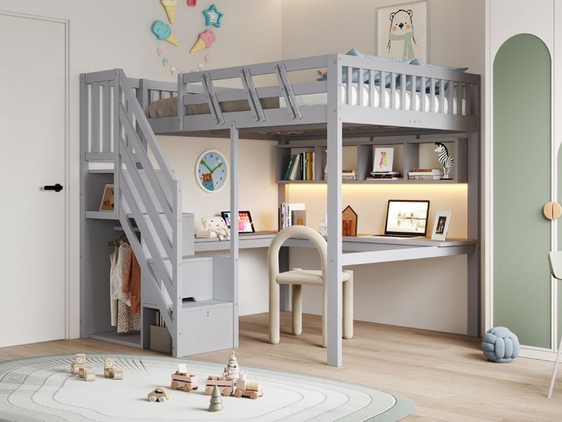  Lit ado 140 x 200 cm lit double structure en bois massif escalier armoire de rangement bureau intégré prise usb intégrée éclairage led structure haute finition grise  - Conforama E