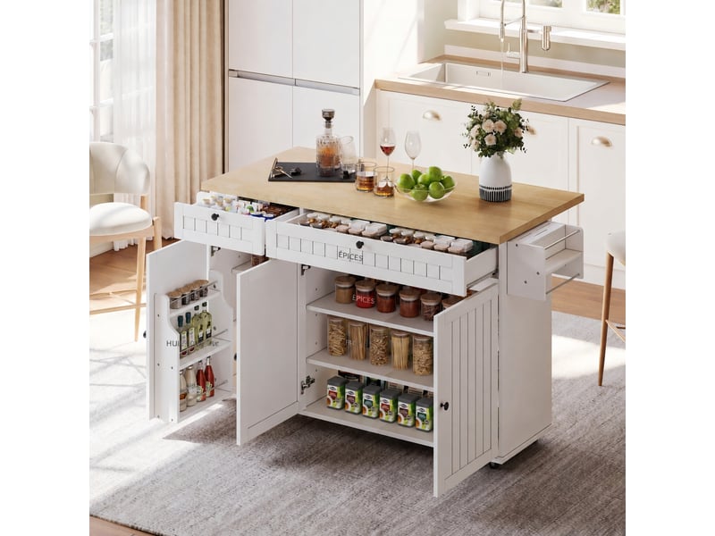 Îlot de cuisine avec plan de travail rabattable, rangement intégré et roulettes verrouillables, blanc  - Conforama D