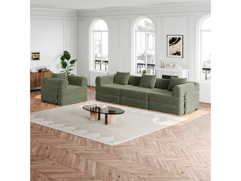  Canapé nuage 4 places modulable, tissu chenille respirant beige, assise rembourrée double couche, mousse à haute élasticité, pouf non inclus beige  - Conforama D